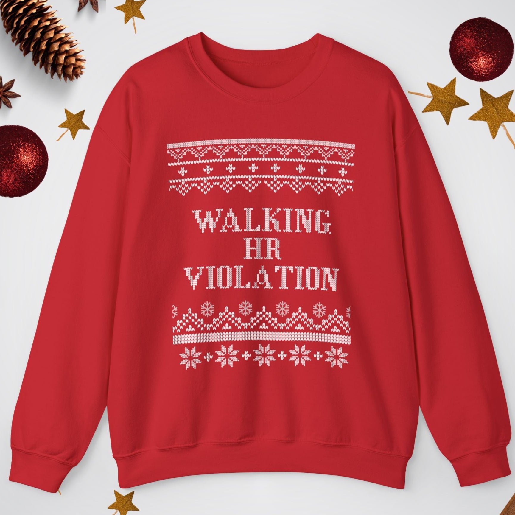 Red sweatshirt with 'Walking HR Violation' text on a white background with Christmas decorations.