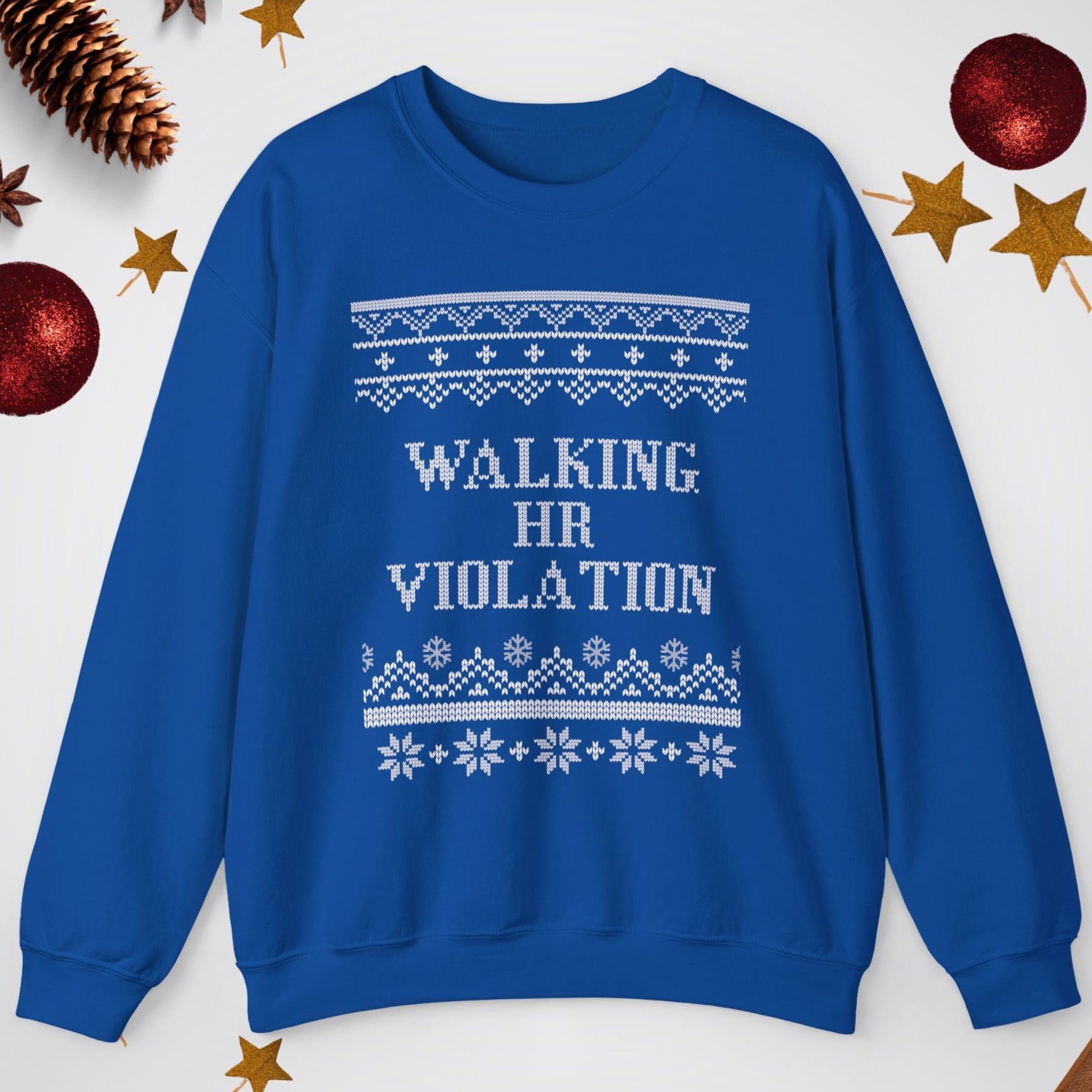 Blue sweatshirt with 'Walking HR Violation' text on a white background with decorative elements.