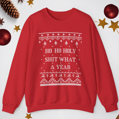 Red sweatshirt with Christmas-themed text and decorations on a white background
