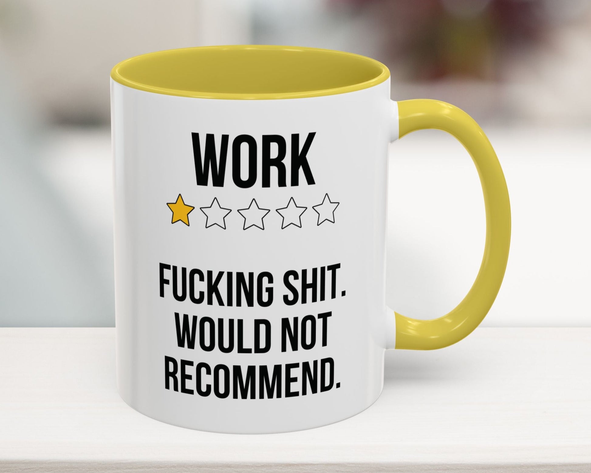Mug with yellow interior and handle featuring a humorous rating system and text.