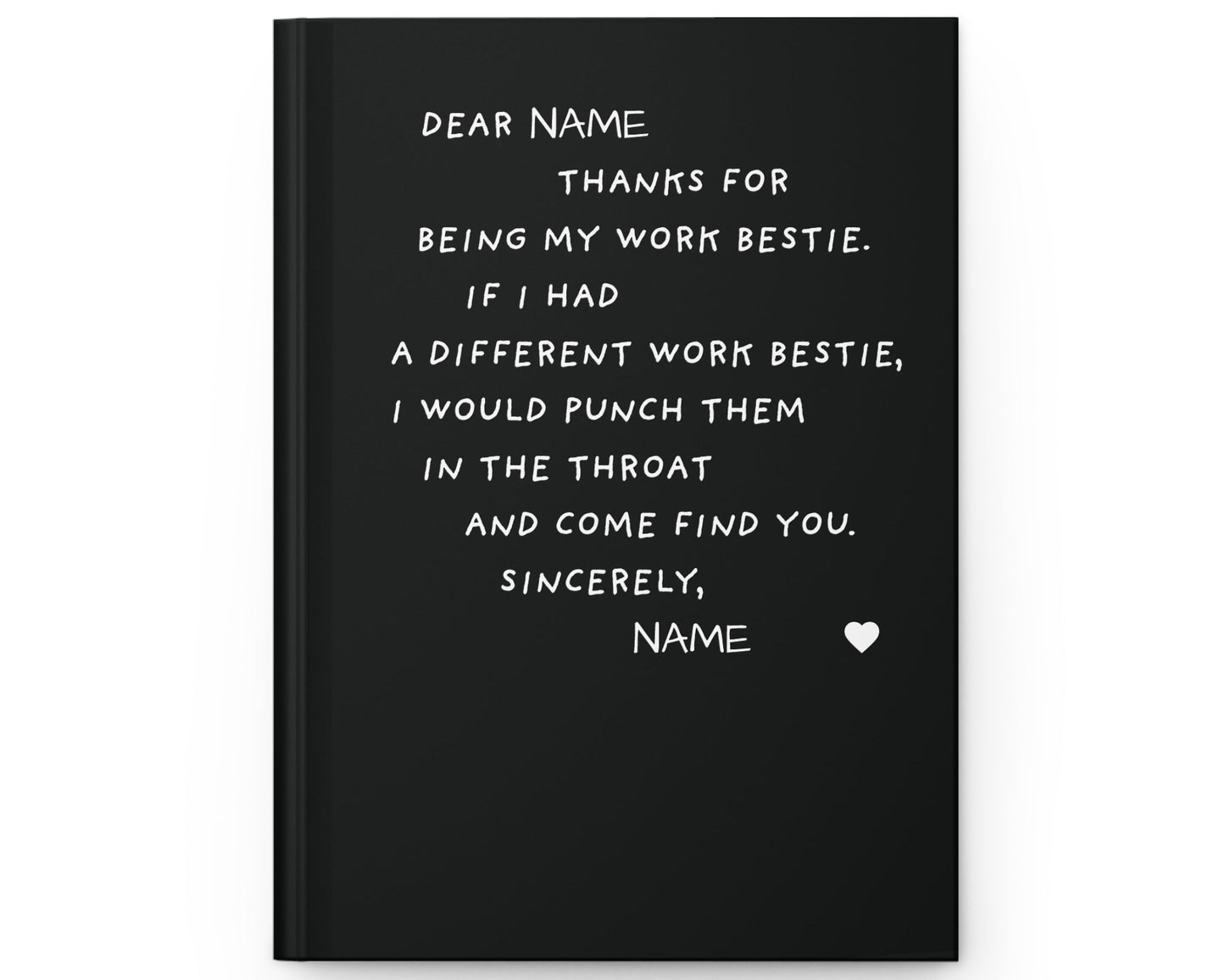 Black notebook with white text on a white background