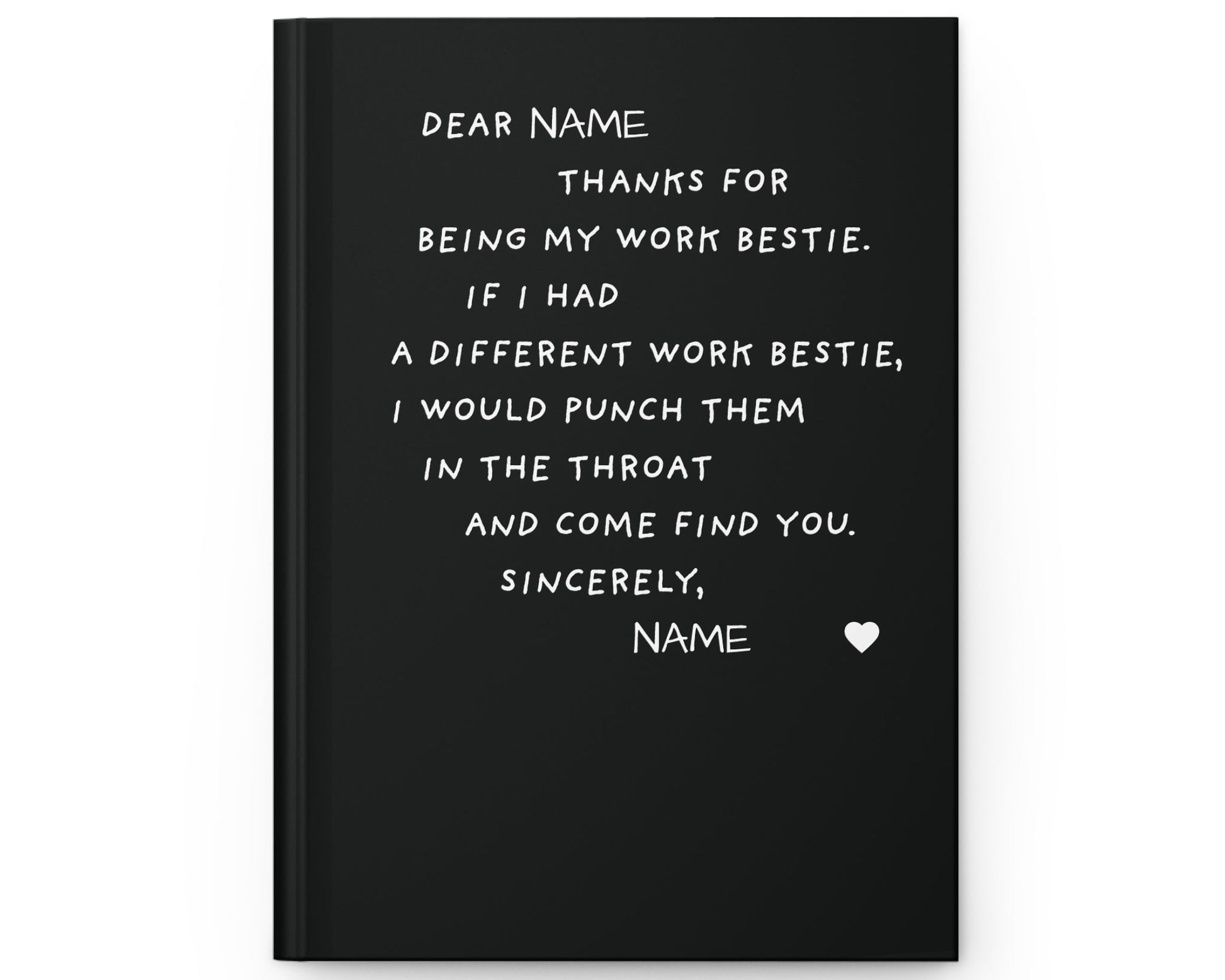 Black notebook with white text on a white background