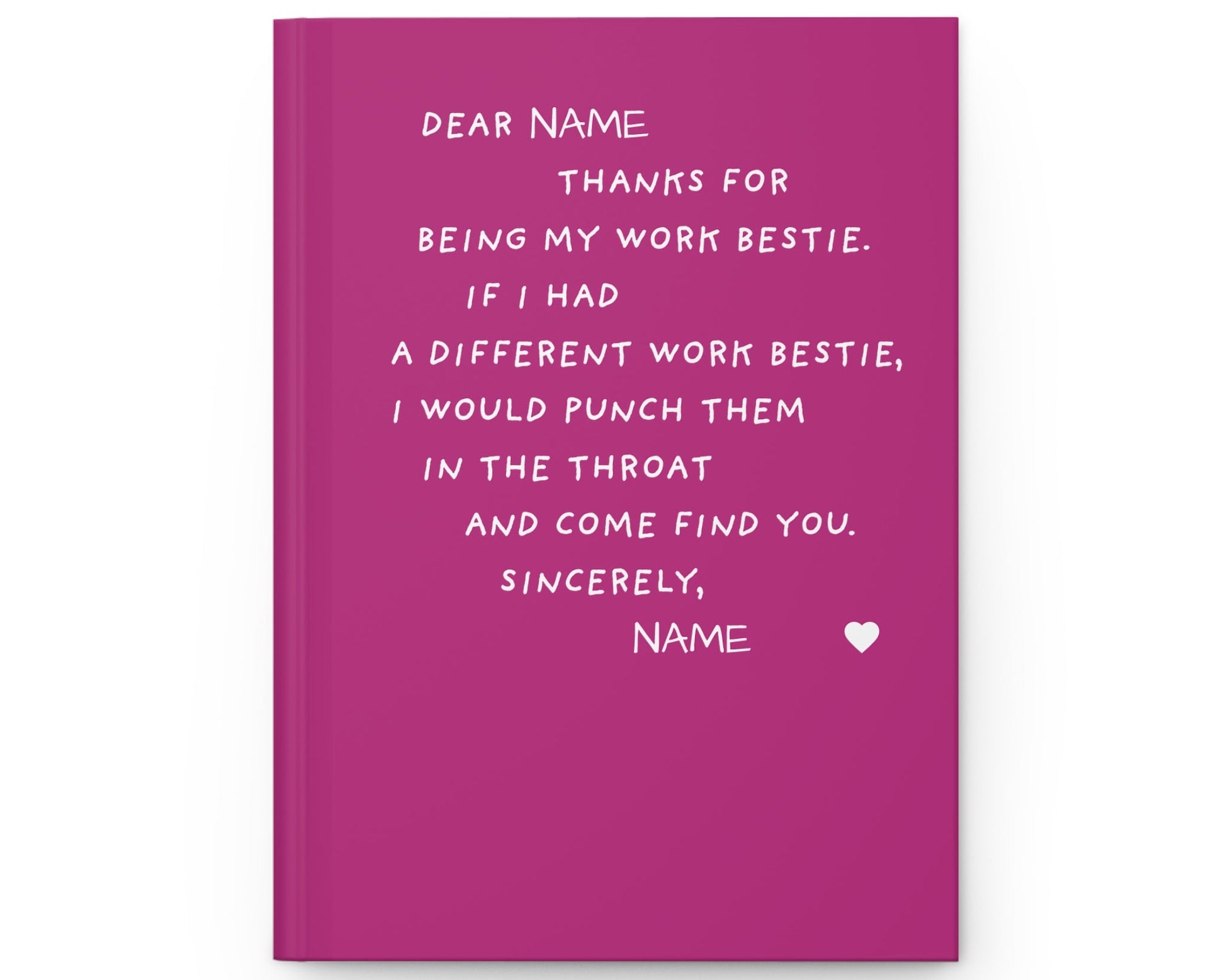 Pink notebook with white text on a white background