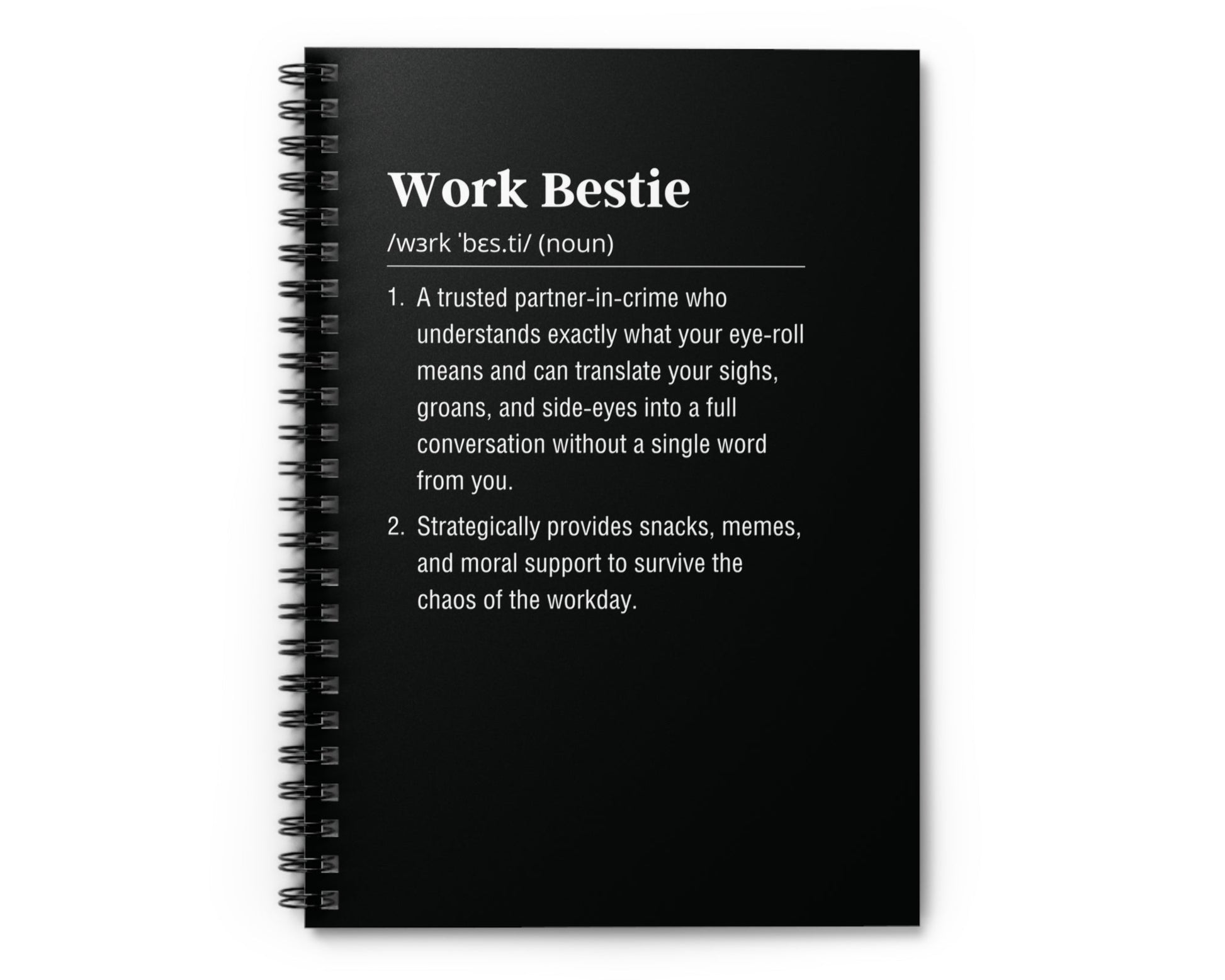 Black notebook with white text on a white background