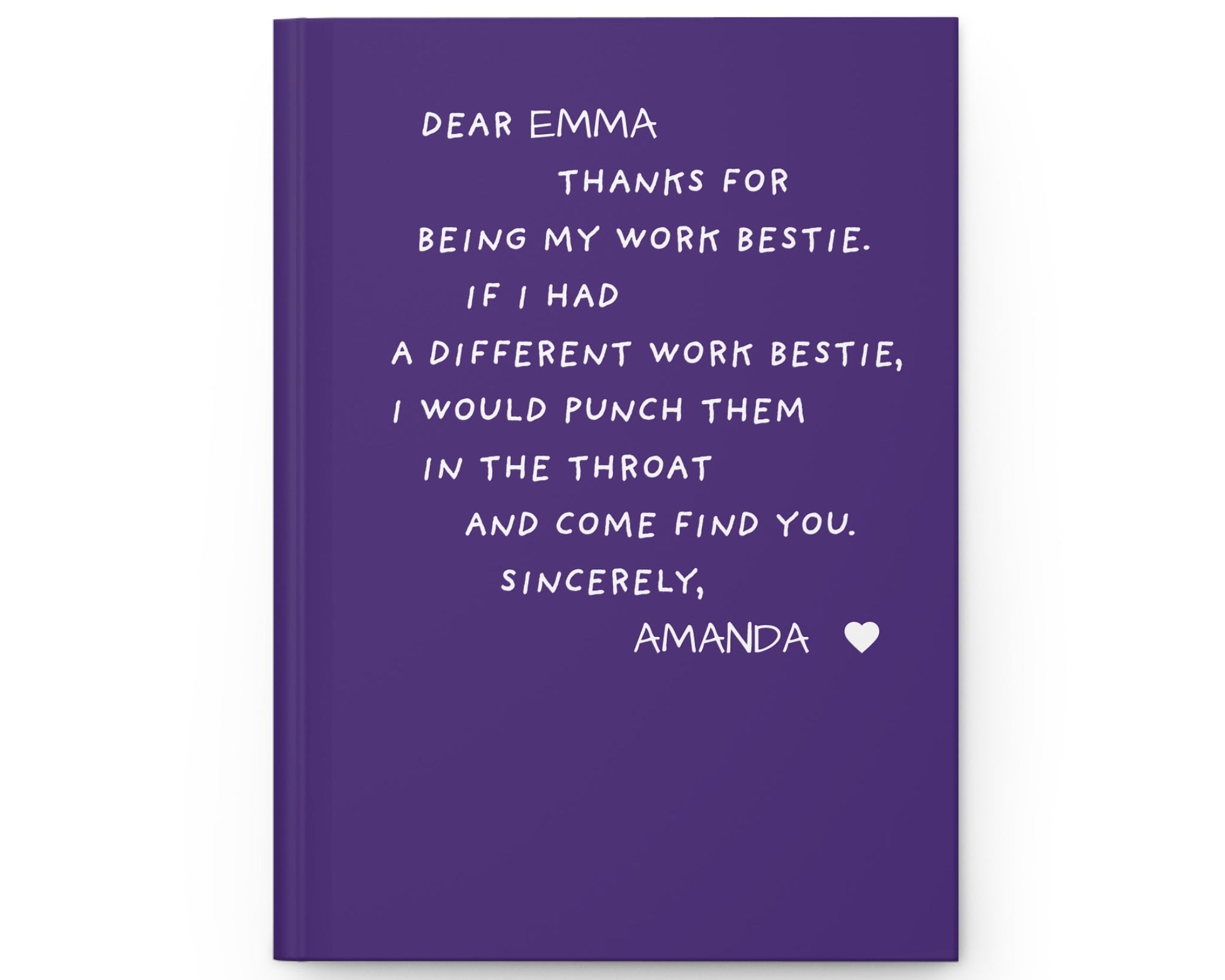 Purple notebook with white text on a white background