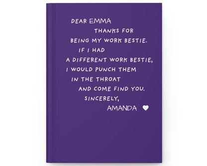 Purple notebook with white text on a white background