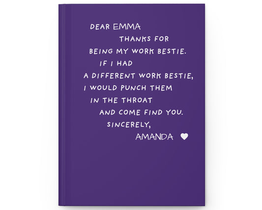 Purple notebook with white text on a white background
