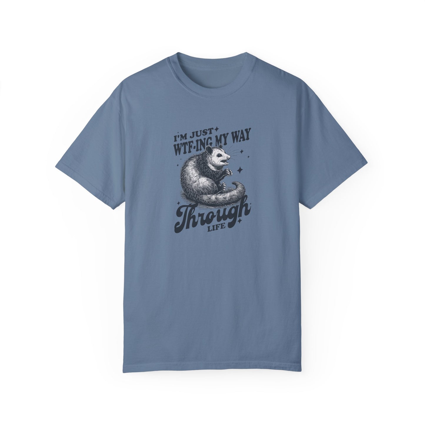 Work-from-home chaos possum T-shirt in blue jean – hilarious gift for coworkers