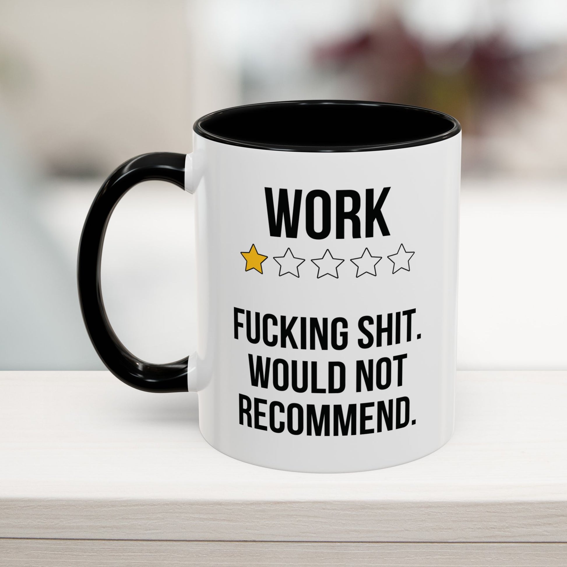 Black 11oz coffee mug with 'Work One-Star Review' text – funny corporate gift