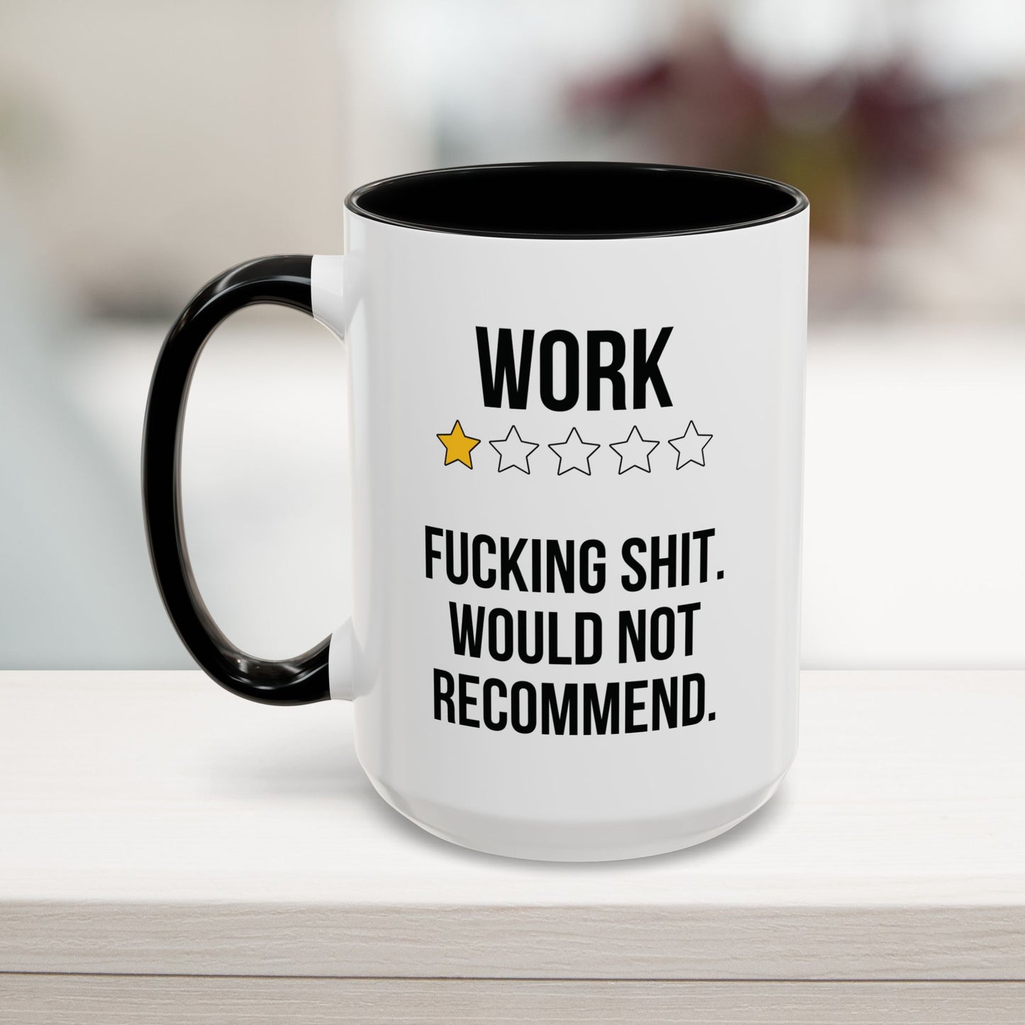 Black 15oz coffee mug with 'Work One-Star Review' text – funny corporate gift