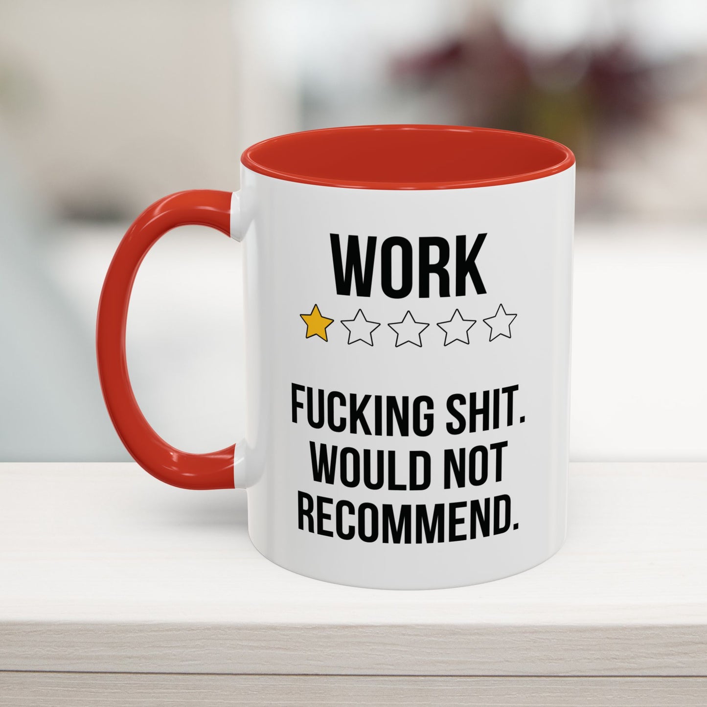 Red sarcastic office mug with one-star review profanity design 11oz