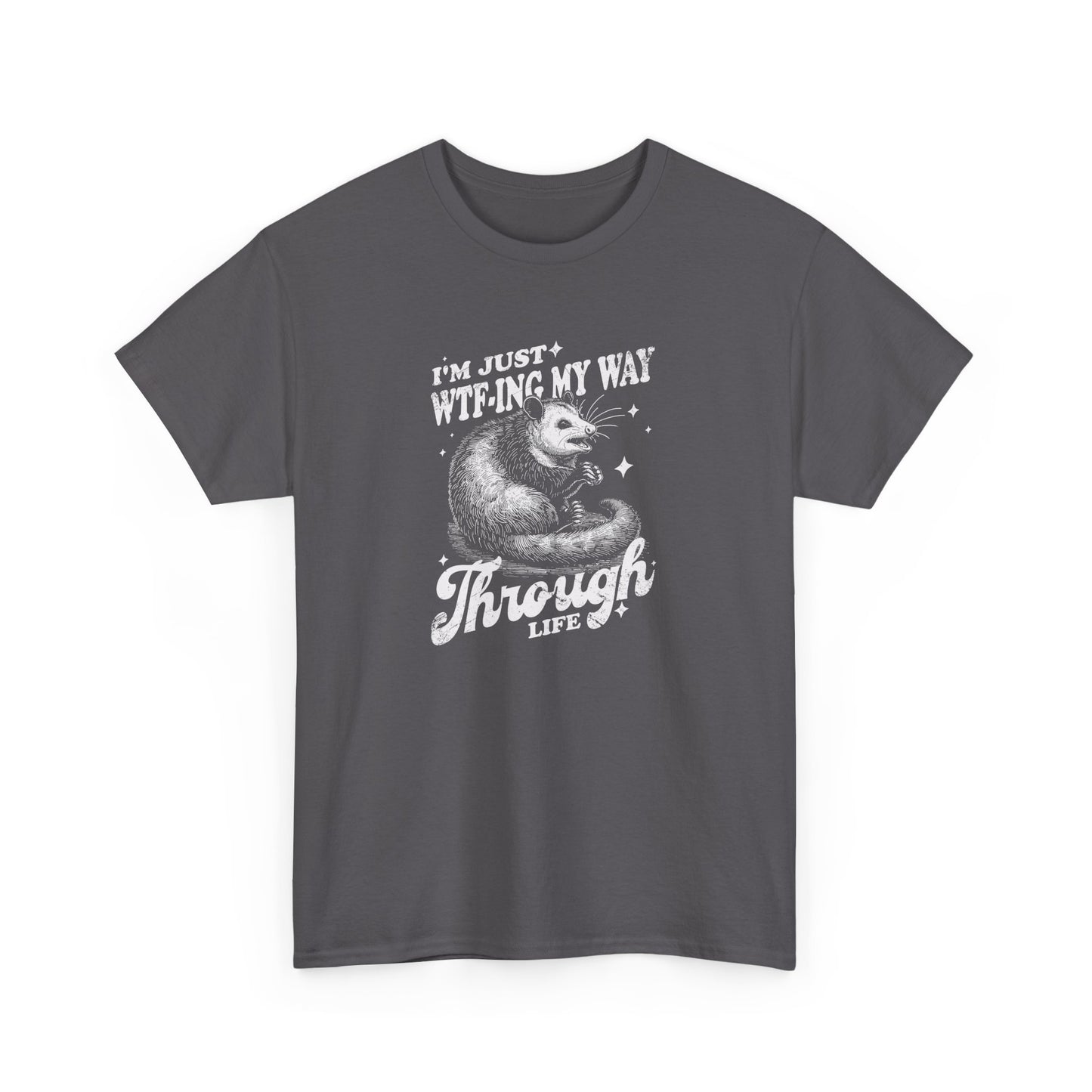 Charcoal Gildan 5000 T-shirt with sarcastic possum design – work-life burnout shirt