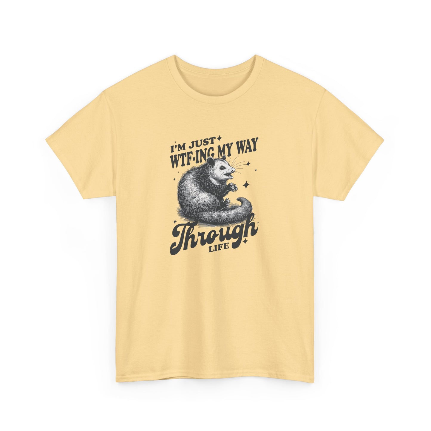 Yellow haze WTF possum T-shirt – hilarious corporate humor tee for office workers